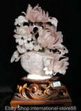18.4" China Natural 100% Pink Xiu Jade Carving Peony Flower Basket Bird Statue Peony
