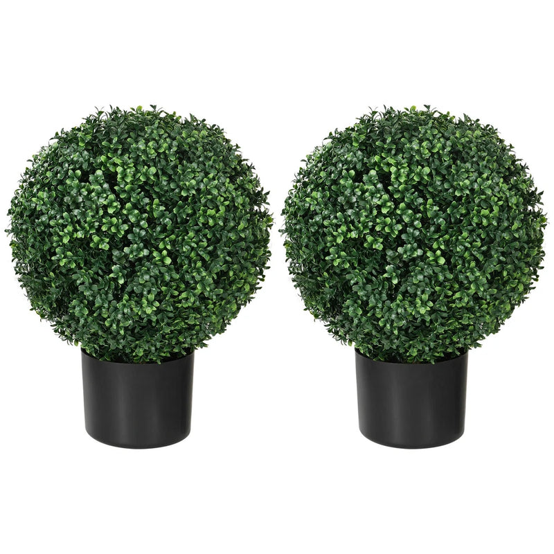 Artificial boxwood topiary trees, two green ball plants in black pots