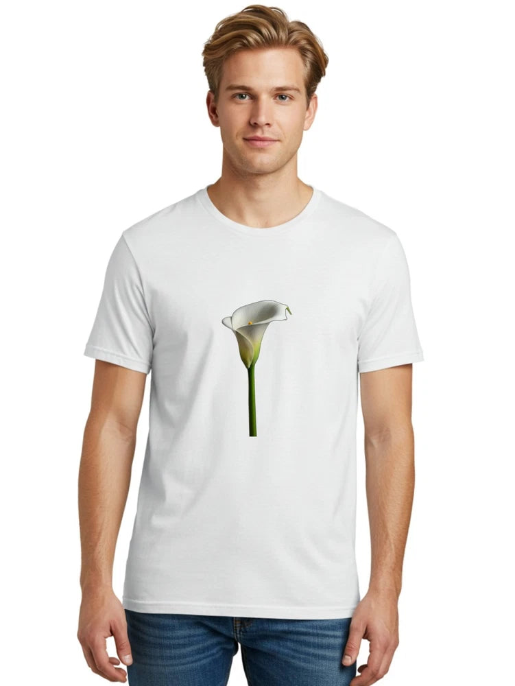 Men's white graphic T-shirt with lily flower print at center front
