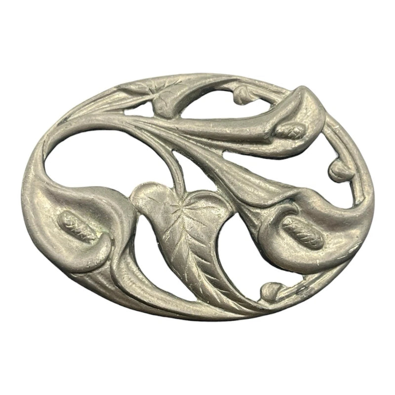 Silver-tone oval lily flower and leaf brooch pin with sculpted filigree