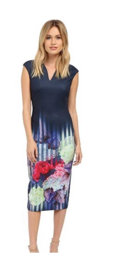 Ted Baker Rimena Vespera Hydrangea Haze Midi Pencil Cocktail Dress Navy Size 0 Hydrangea