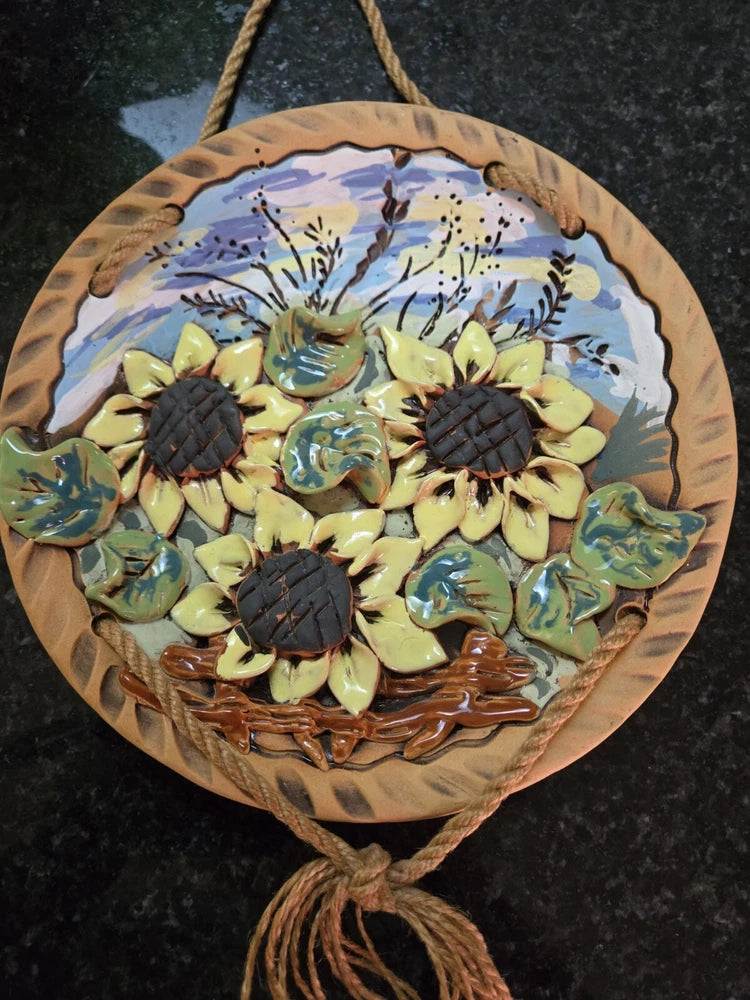 Fantastic Unusual Raised Relief Pottery Sun Flower Wall Plaque Sunflower