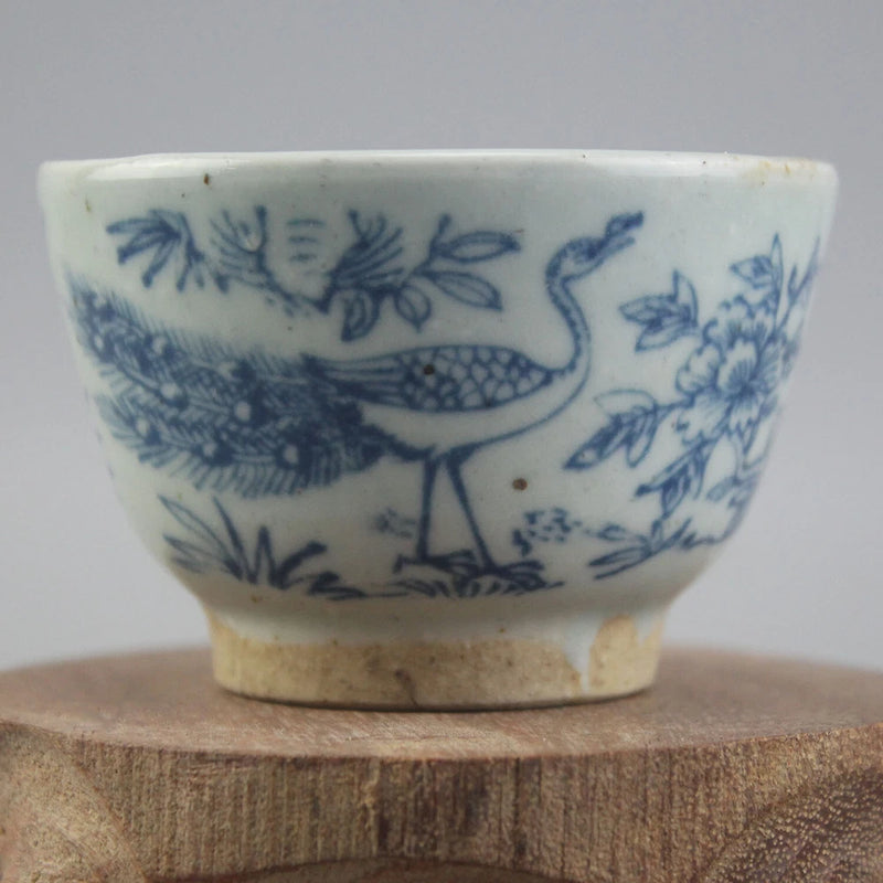 2.7" China Blue White Porcelain Hand Painting Peony Flower Peacock Bird Cup Peony