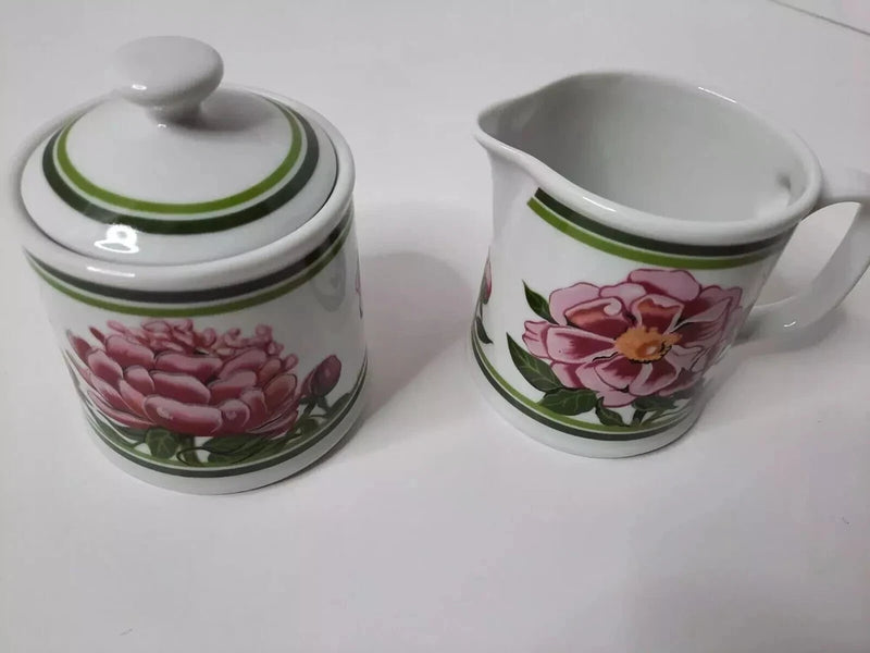 White ceramic peony creamer and lidded sugar bowl with green stripe detail