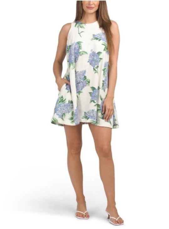 For Cynthia Womens Hydrangea Floral Print Linen Blend Sleeveless Dress Size XL Hydrangea