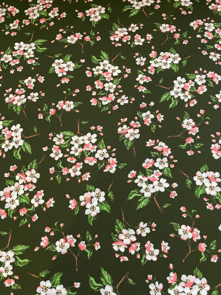Robert Kaufman Cotton Fabric - APPLE BLOSSOM on Green Background by the 1/2 yd Flowering Plants