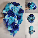 Turquoise Royal Blue Rose Calla Lily Bridal Wedding Bouquet Accessories Bouquet