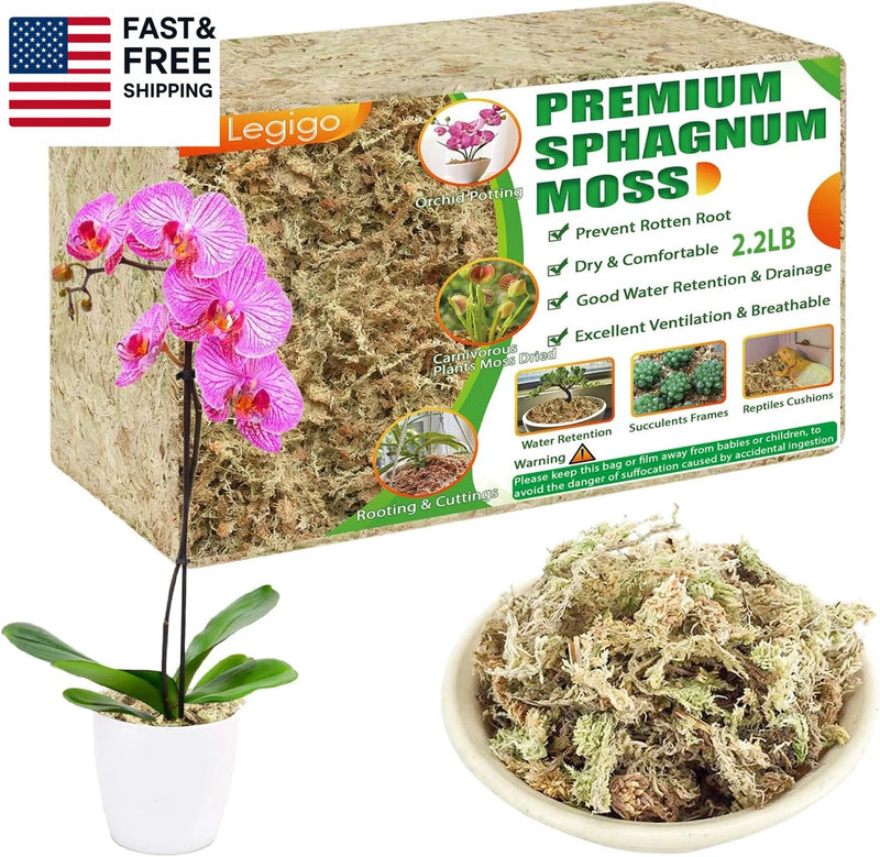 Premium sphagnum moss bundle with bag and bowl of dried moss for orchids