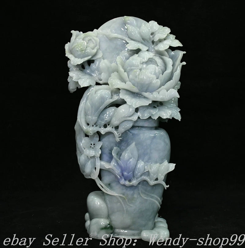 Carved jade bottle vase with peony flowers and moon motif, pale blue