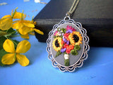 Hand embroidery flower pendant, Sunflower necklace, Stitch women jewelry Sunflower