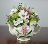 Silk Arrangement of Ivory Cosmos, Ivory Hydrangeas, Pink Wild in an USA Teapot Hydrangea