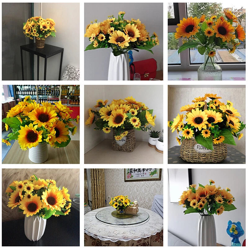Artificial sunflower silk bouquet with yellow and orange blooms in a white vase