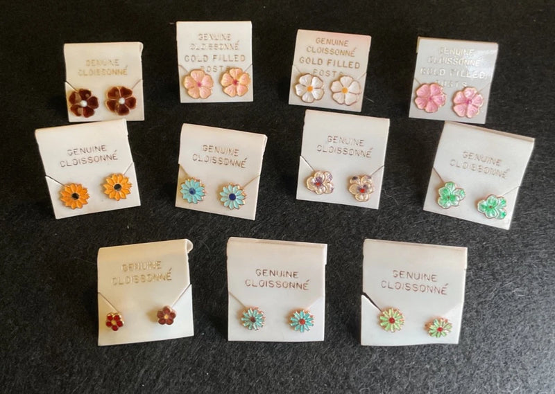 PAIR of 80's VTG FLOWER GENUINE CLOISONNƒ GOLD FILL BACK POSTS PIERCED EARRINGS Daisies