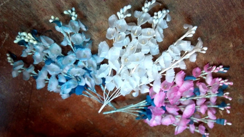Vintage millinery flower sprig set with blue and pink lily-of-the-valley blooms, Made in Japan