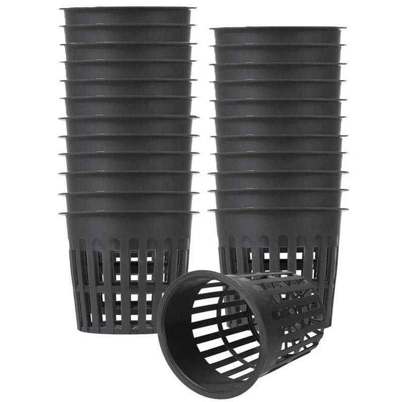 Set of dark plastic mesh net pots with round side mesh and bottom drain holes