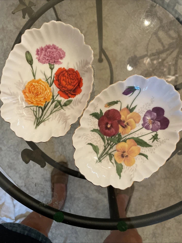 NORCREST Bone China Set 2 Trinket Dish Pansies Carnations Vintage Japan Carnation