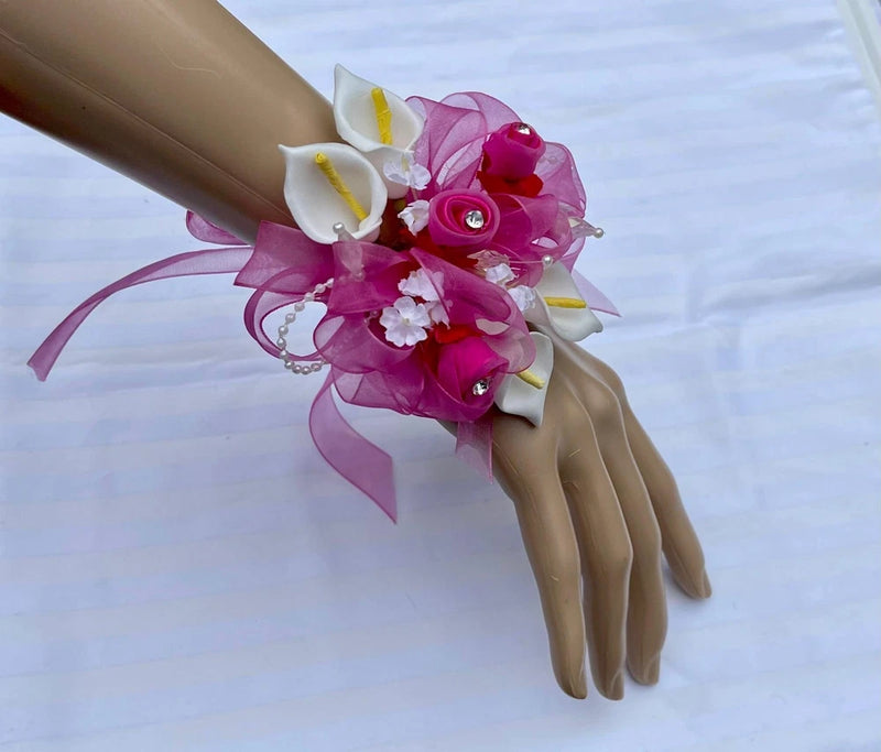 Hot Pink Watermelon Fuchsia White Calla Lilies Wrist Wedding Corsages Flowers Lily