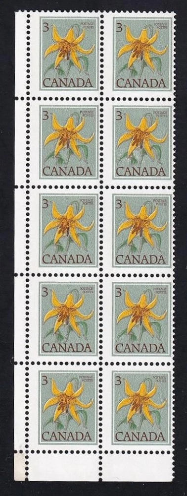 Canada lily 3¢ floral definitive postage stamp strip of 10, MNH, perforated