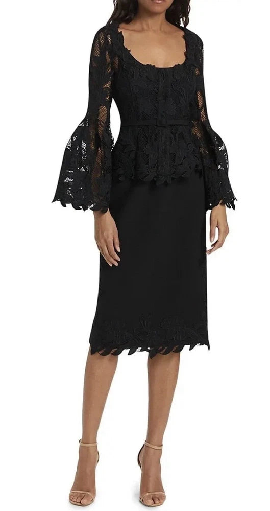 New With Tags- Oscar De La Rente Marbled Carnation Wool Midi Black Skirt Size 8 Carnation