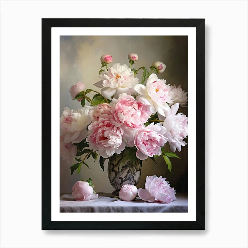 Framed wall art print of pink and white peonies in a vase, vertical