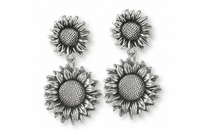 Sterling silver sunflower drop earrings, layered flower heads with textured centers