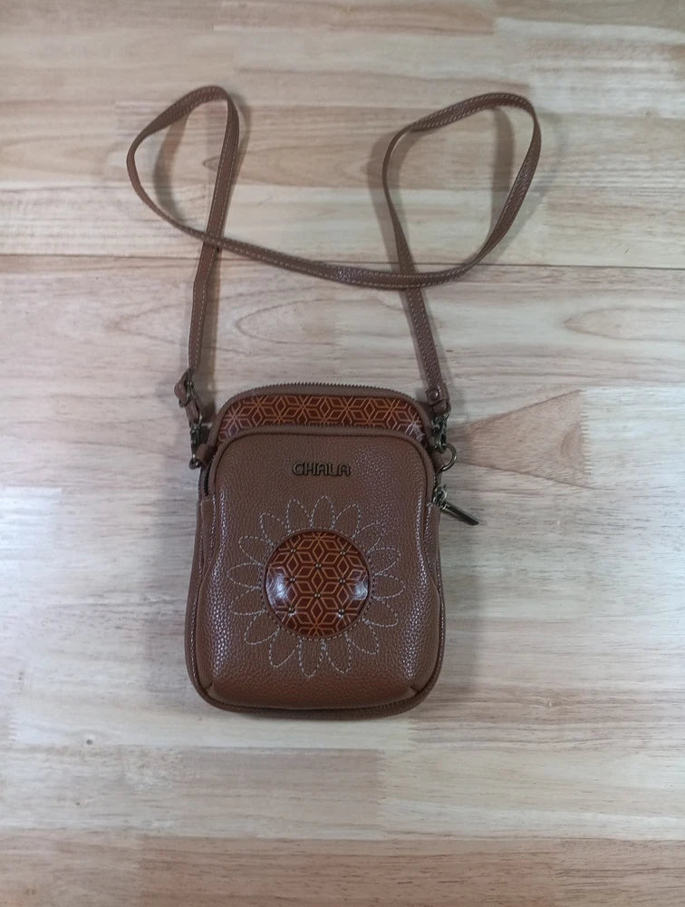 Chala small brown crossbody phone purse with sunflower front and adjustable strap