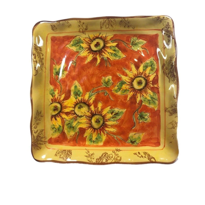 Vintage Orange Rooster Brand Square Heavy Sunflower Ceramic Serving Plate 11.75 Sunflower