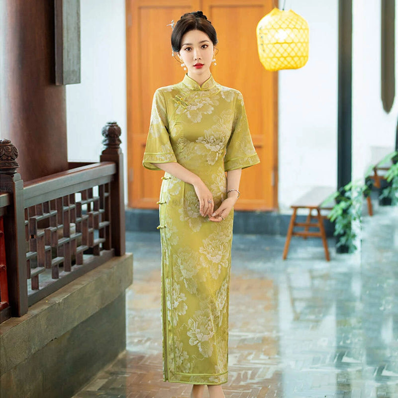Yellow Half Sleeve Floral Qipao Dress| Peony Peony
