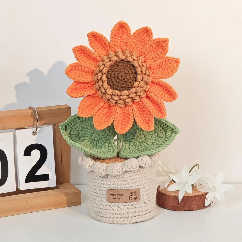Handmade Crochet Sunflower in Flowerpot, Artificial Knitted Flower Decoration... Sunflower