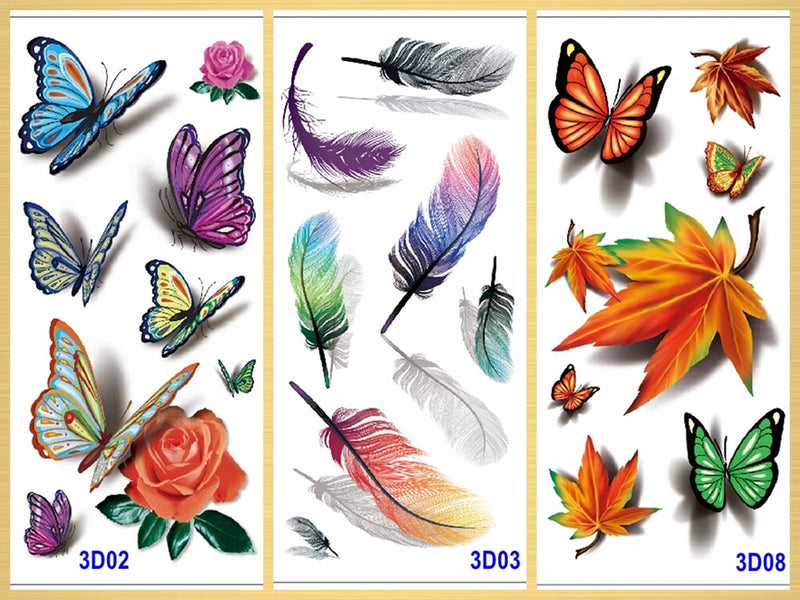 3D Butterfly Feather Thorny Rose Lotus Sunflower Flower Leaf Body Tattoos Sunflower