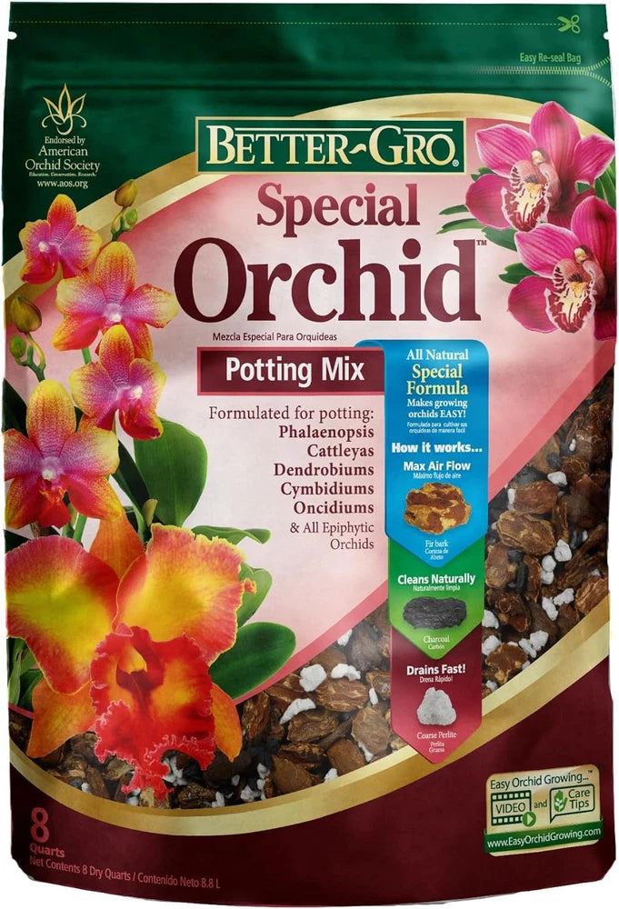 Better-Gro Special Orchid potting mix bag with orchid flowers, 8 quarts