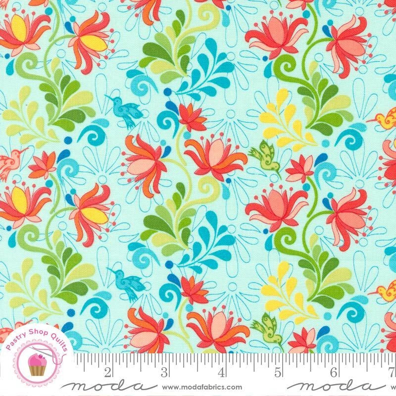 Moda LAND OF  ENCHANTMENT 45031 23 Aqua Blue Multi Floral SARIDITTY Quilt Fabric Flowering Plants