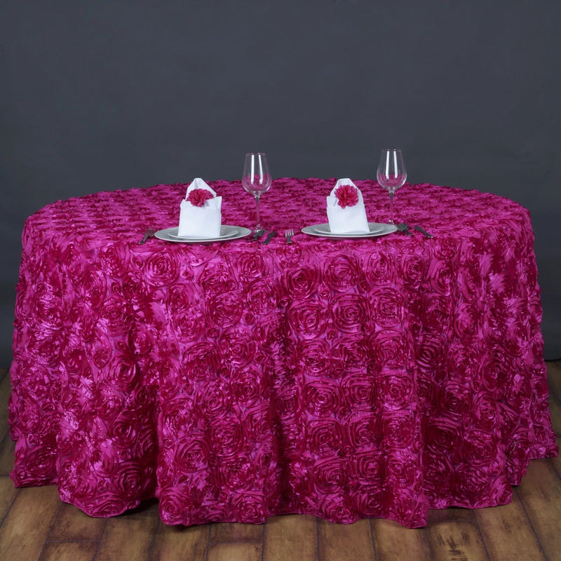 Fuchsia round tablecloth with ribbon rose print, 120 in