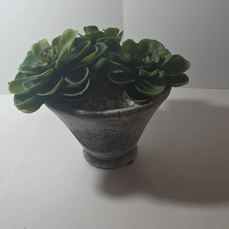 Artificial Succulent Arrangement in Stone Pot, 7" x 10", Green Gray Plastic Green Plant