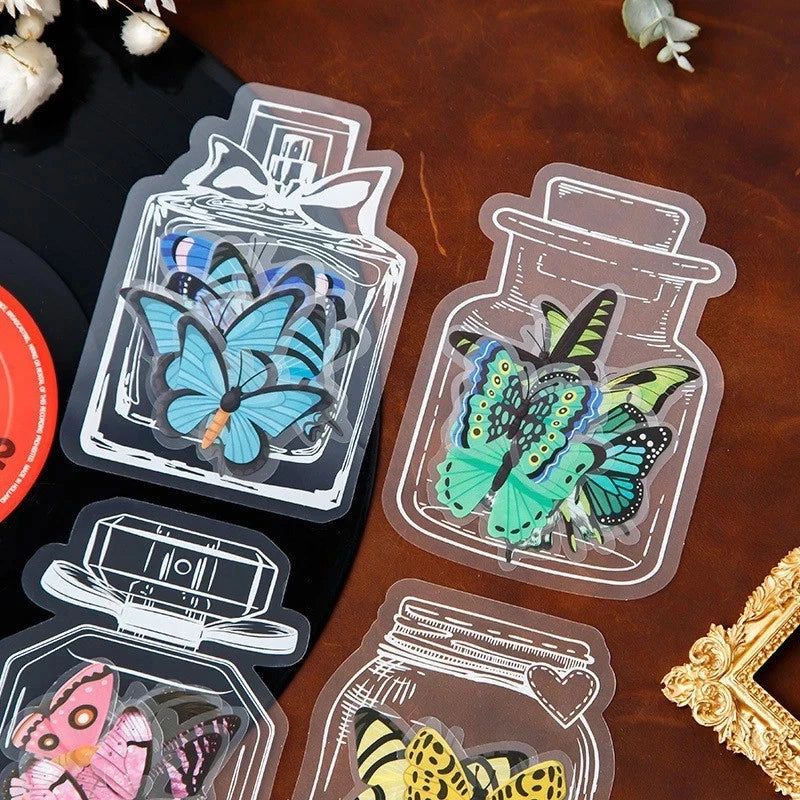 Transparent PET sticker pack with colorful butterfly bottle bookmark designs