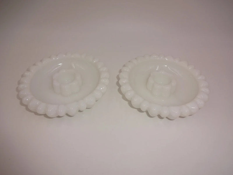 Set 2 Vintage White Milk Glass Candlestick Holders Sunflowers Daisies Flowers Sunflower