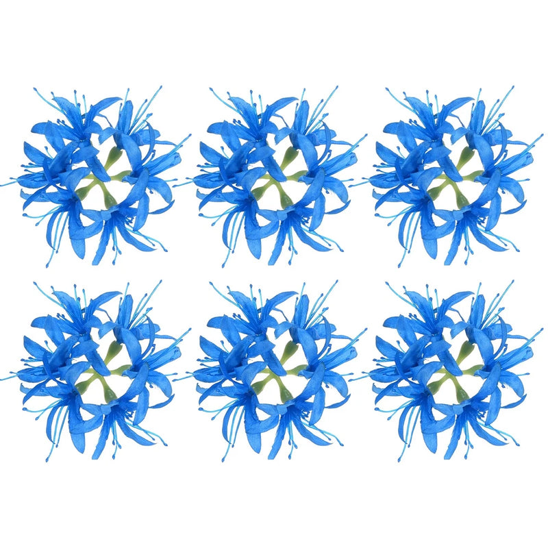 Set of 6 artificial blue spider lily flower heads with green centers, 5-inch.