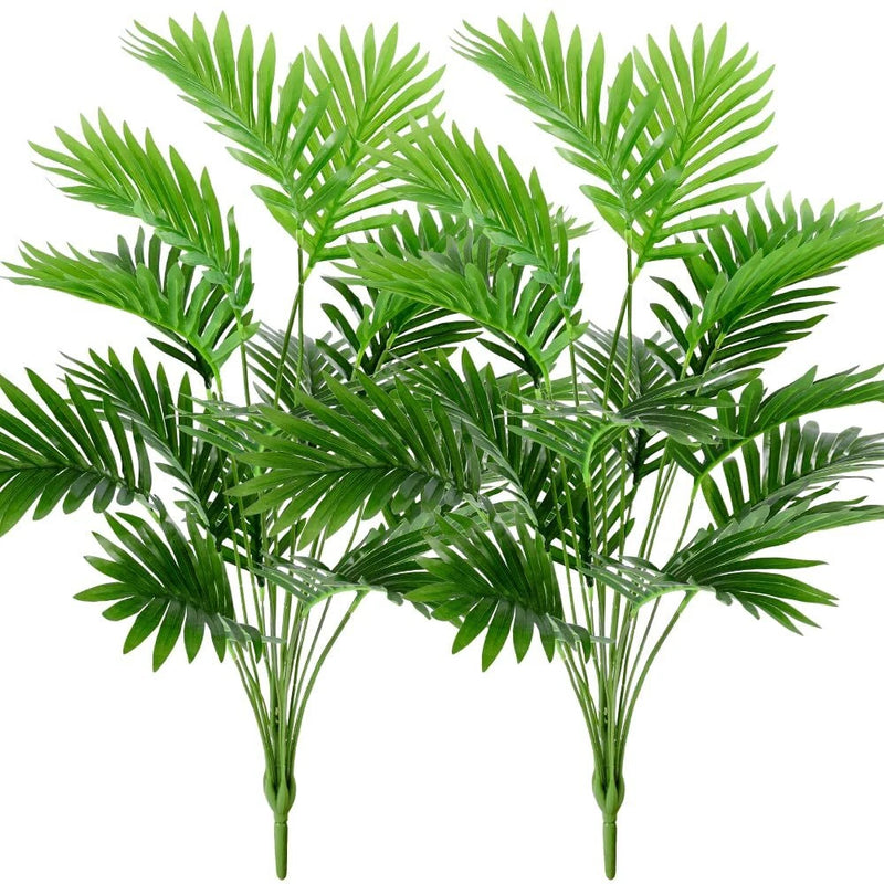 Set of 2 faux areca palm plants with bright green fronds and slender stems
