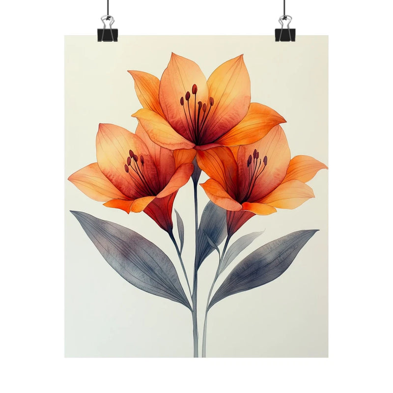 Lily flower art print poster with orange blossoms and gray leaves on light background