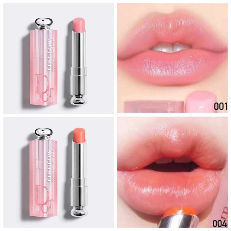 Coral pink lip balm in silver bullet, shown with rosy glossy lips