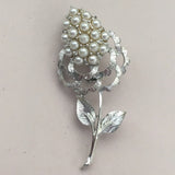 Vintage Brooch Flower Silver Hydrangea Pearls Plant Nature Unsigned Leaves Pin Hydrangea