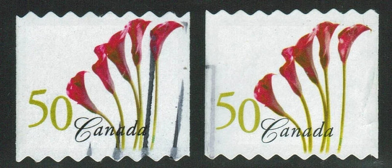 Pair of die-cut calla lily stamps, red-and-white blooms, '50 Canada' text