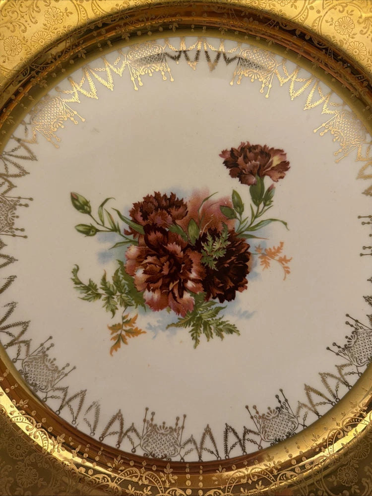 Vintage Gilt 12Ó Serving Plate USA Warranted 22k Gold W Carnations Floral Carnation