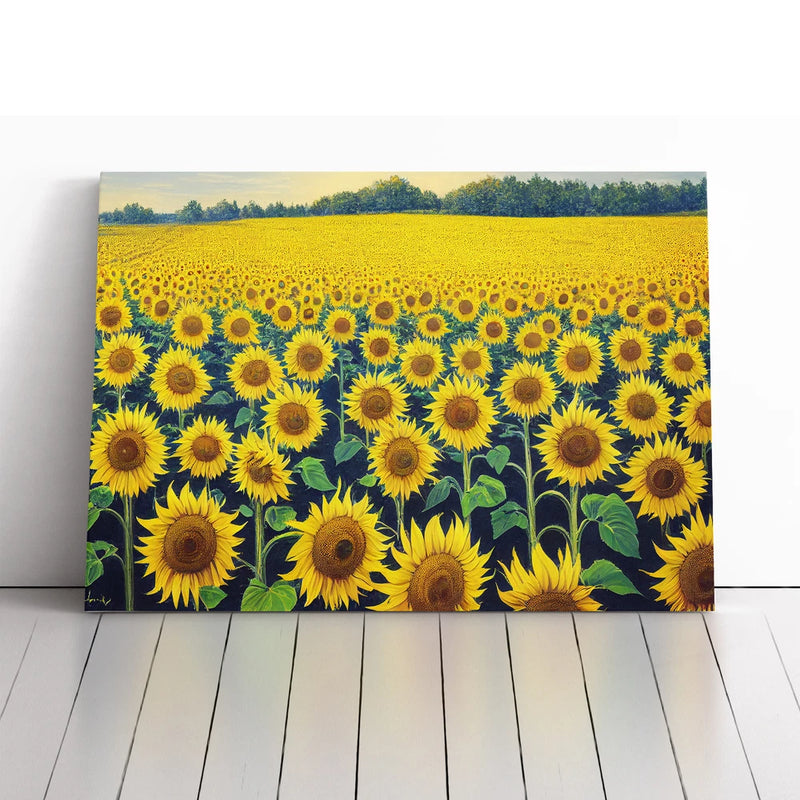 Framed canvas wall art print of a sunflower field with blue sky