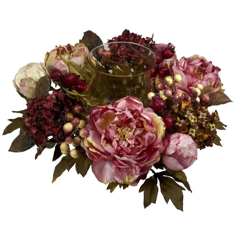 Artificial silk peony centerpiece with pink and burgundy flowers, berries, and gold accents