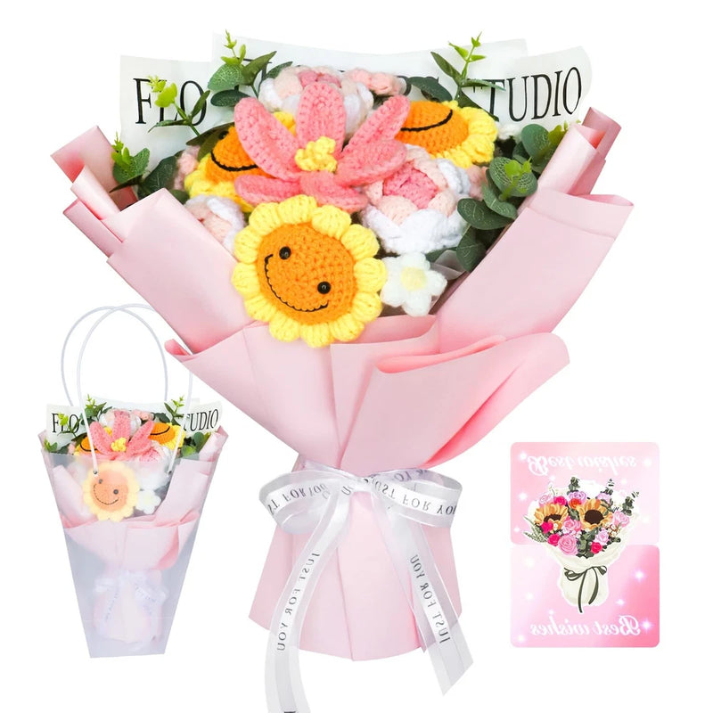 Handmade crochet sunflower flower bouquet with pink and yellow knitted blooms