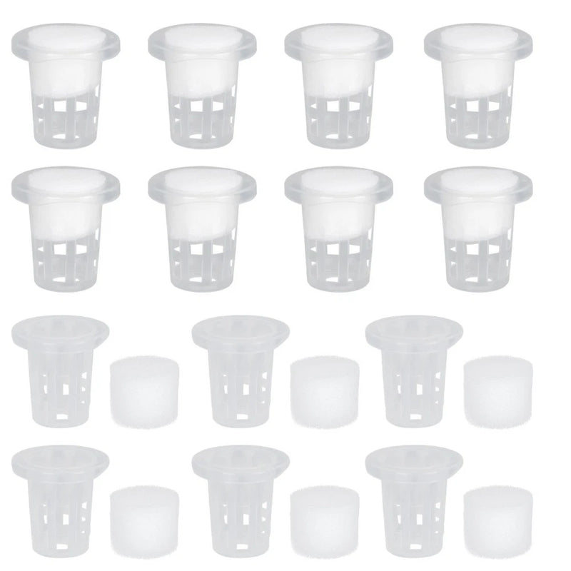 Set of translucent plastic hydroponic net cups with white inserts for indoor plant growing