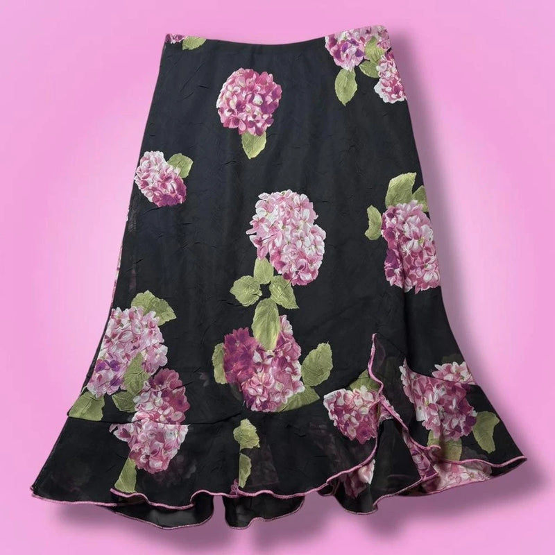 Y2K CLIO Black & Pink Low Rise Hydrangea Flower Ruffled Midi Skirt Hydrangea