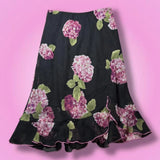 Y2K CLIO Black & Pink Low Rise Hydrangea Flower Ruffled Midi Skirt Hydrangea