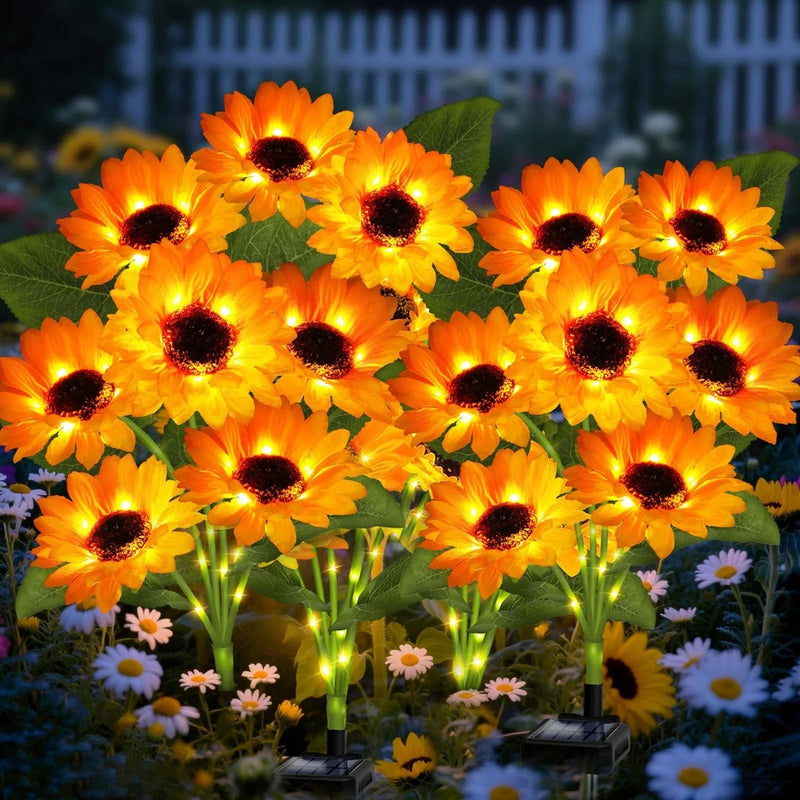Sunflower solar garden lights, 4-pack with orange blooms and glowing green stems